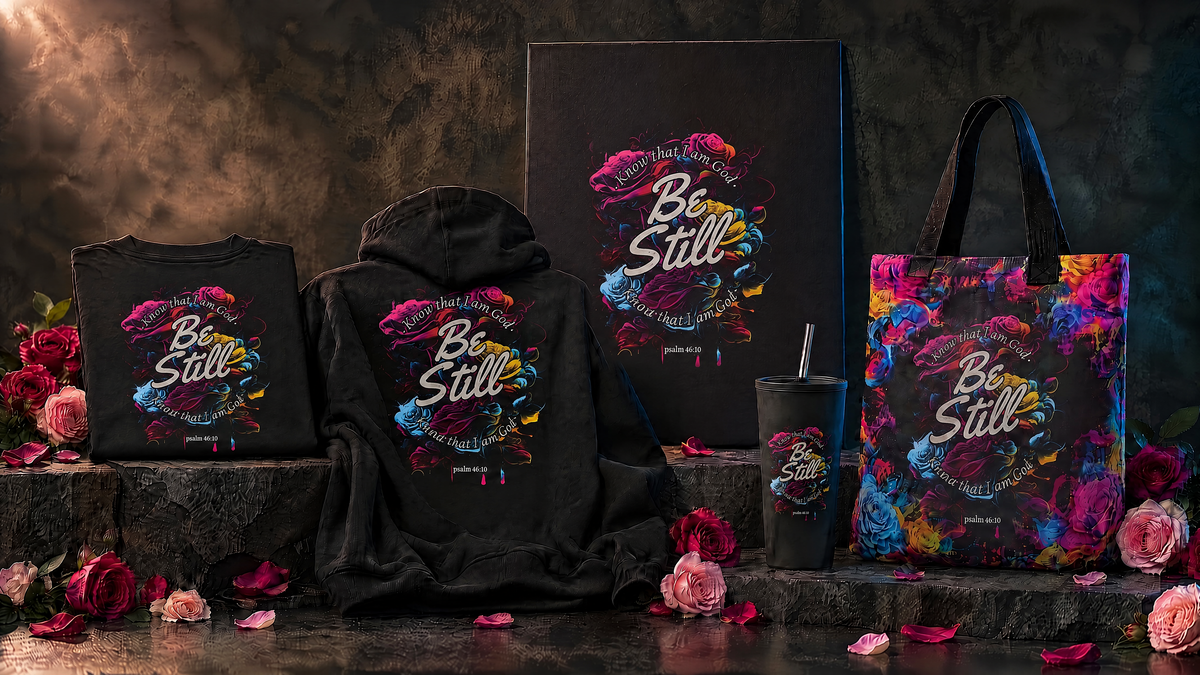 The Be Still collection together: a shirt, a hoodie, a canvas, a tote, and a tumbler