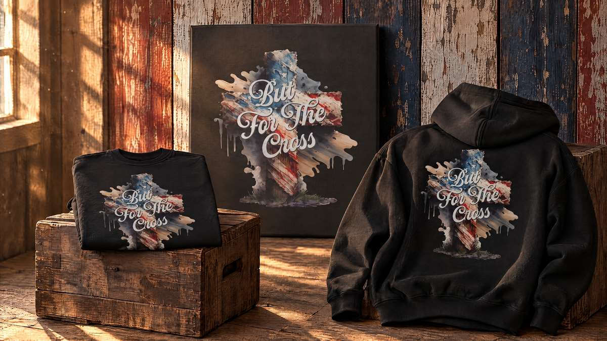 The But For The Cross collection together: a shirt, a hoodie, and a canvas