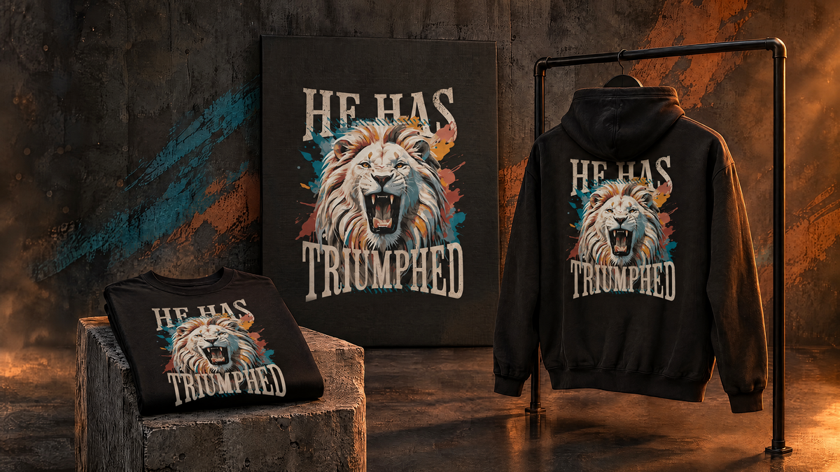 The He Has Triumphed collection together: a shirt, a hoodie, and a canvas