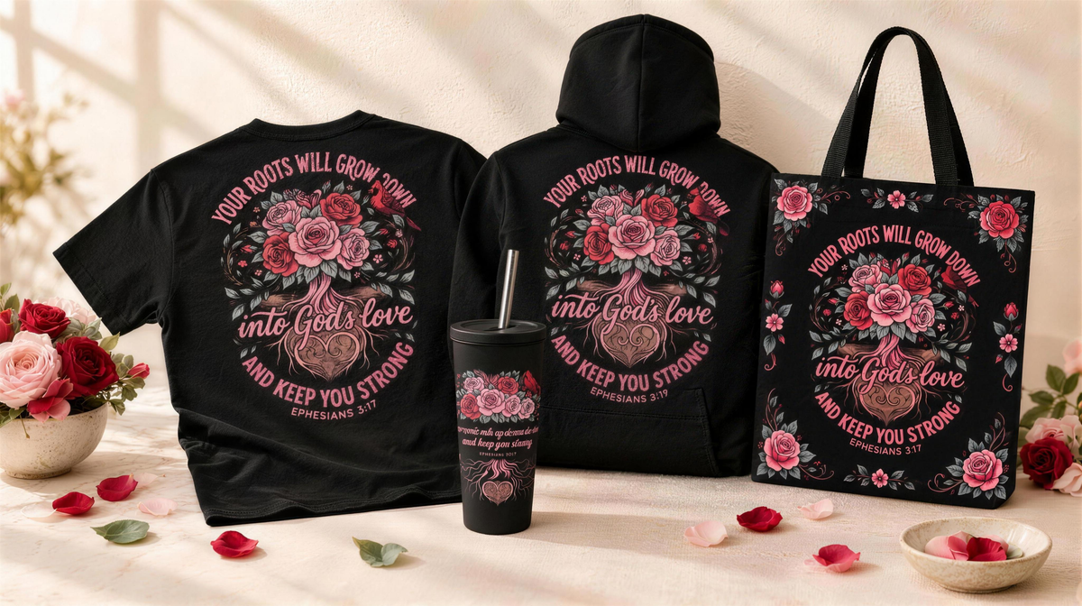 The Your Roots collection together: a shirt, a hoodie, a tote, and a tumbler