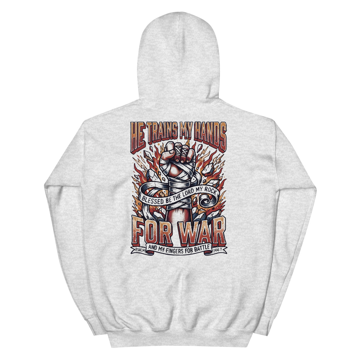 He Trains My Hands garment, back view with the full print