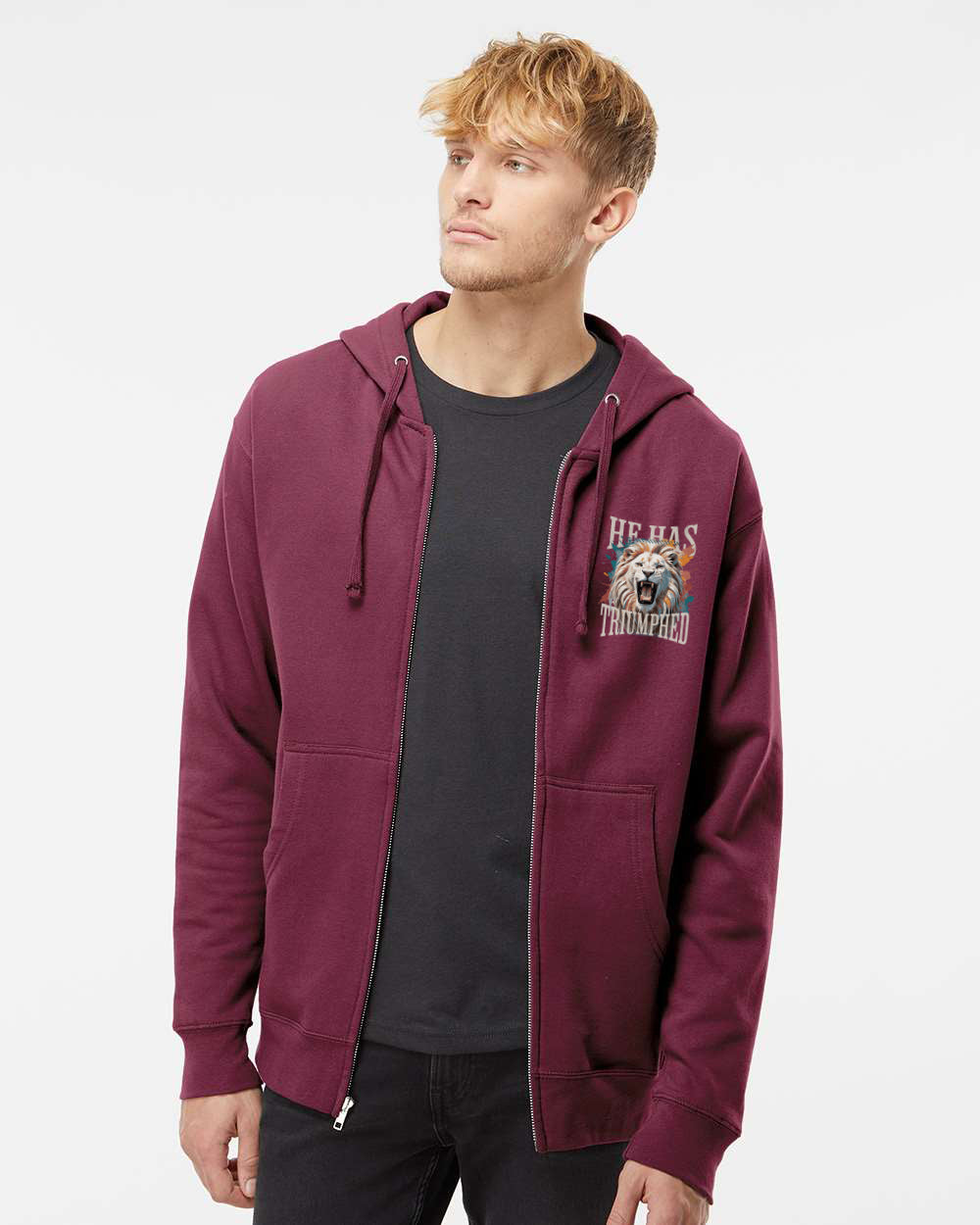 He Has Triumphed - Midweight Full Zip Hooded Sweatshirt - Maroon