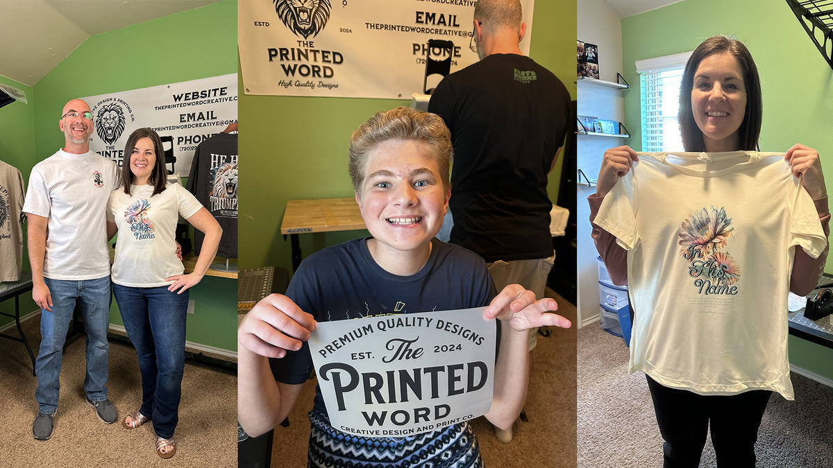 Chad and Nicole, Braden with the studio sign, and Nicole in a studio tee