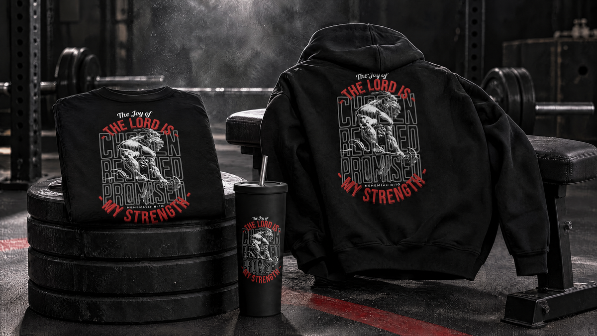 The The Joy of the Lord collection together: a shirt, a hoodie, and a tumbler