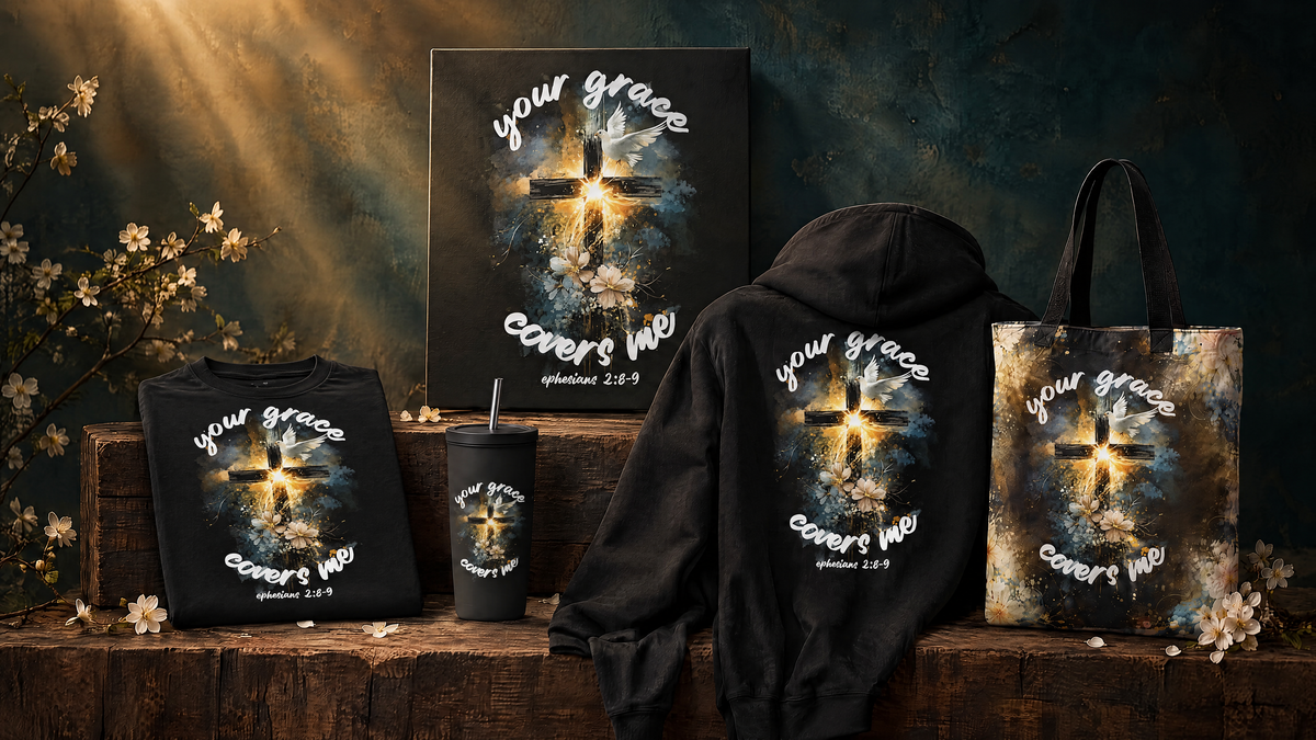 The Your Grace collection together: a shirt, a hoodie, a canvas, a tote, and a tumbler