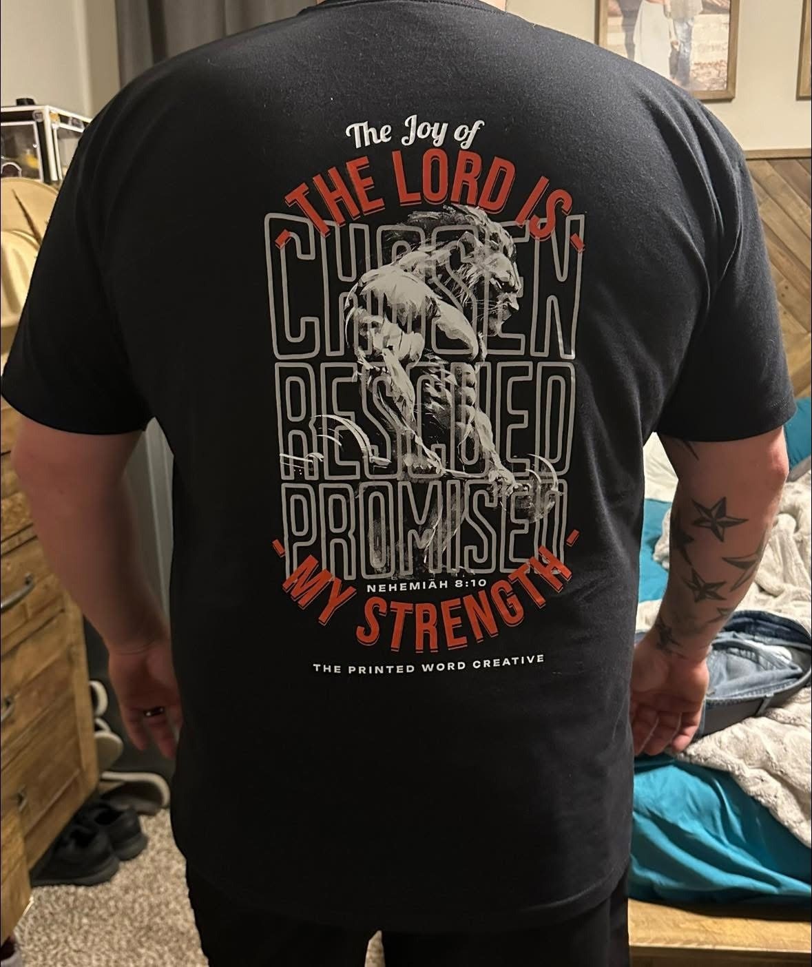 The Joy of the Lord tee, back print, worn