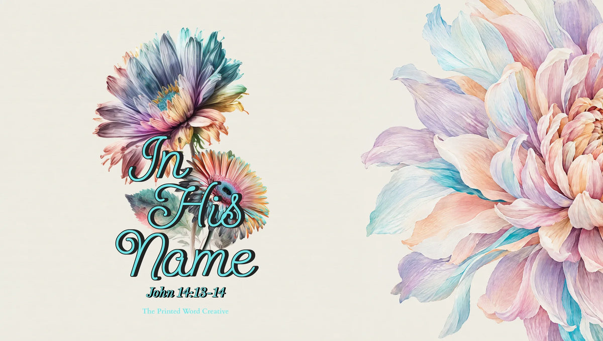 In His Name artwork set against soft watercolor petals