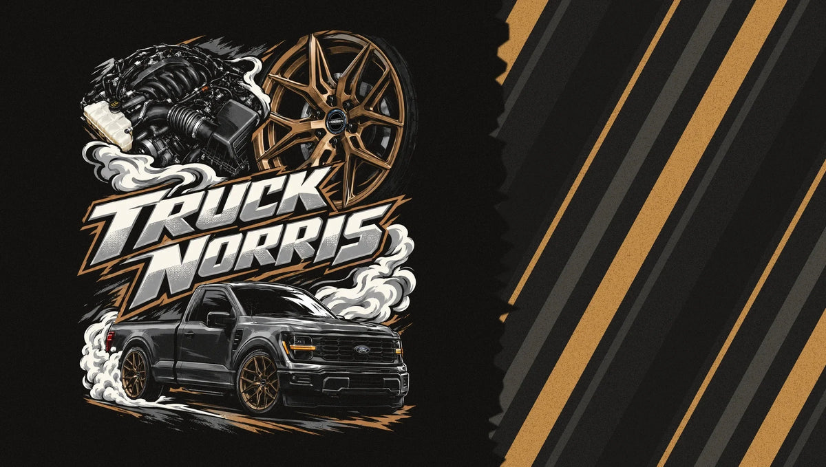 Truck Norris artwork set against bronze and charcoal racing slashes