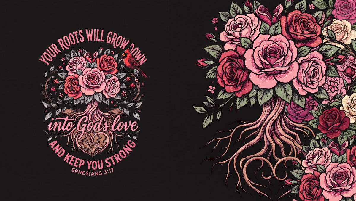 Your Roots artwork set against roses and roots