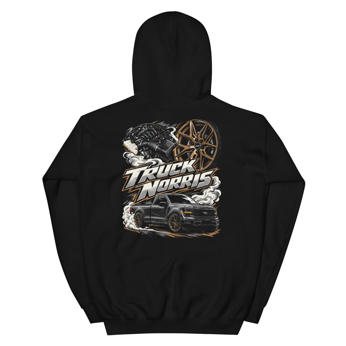 Truck Norris garment, back view with the full print