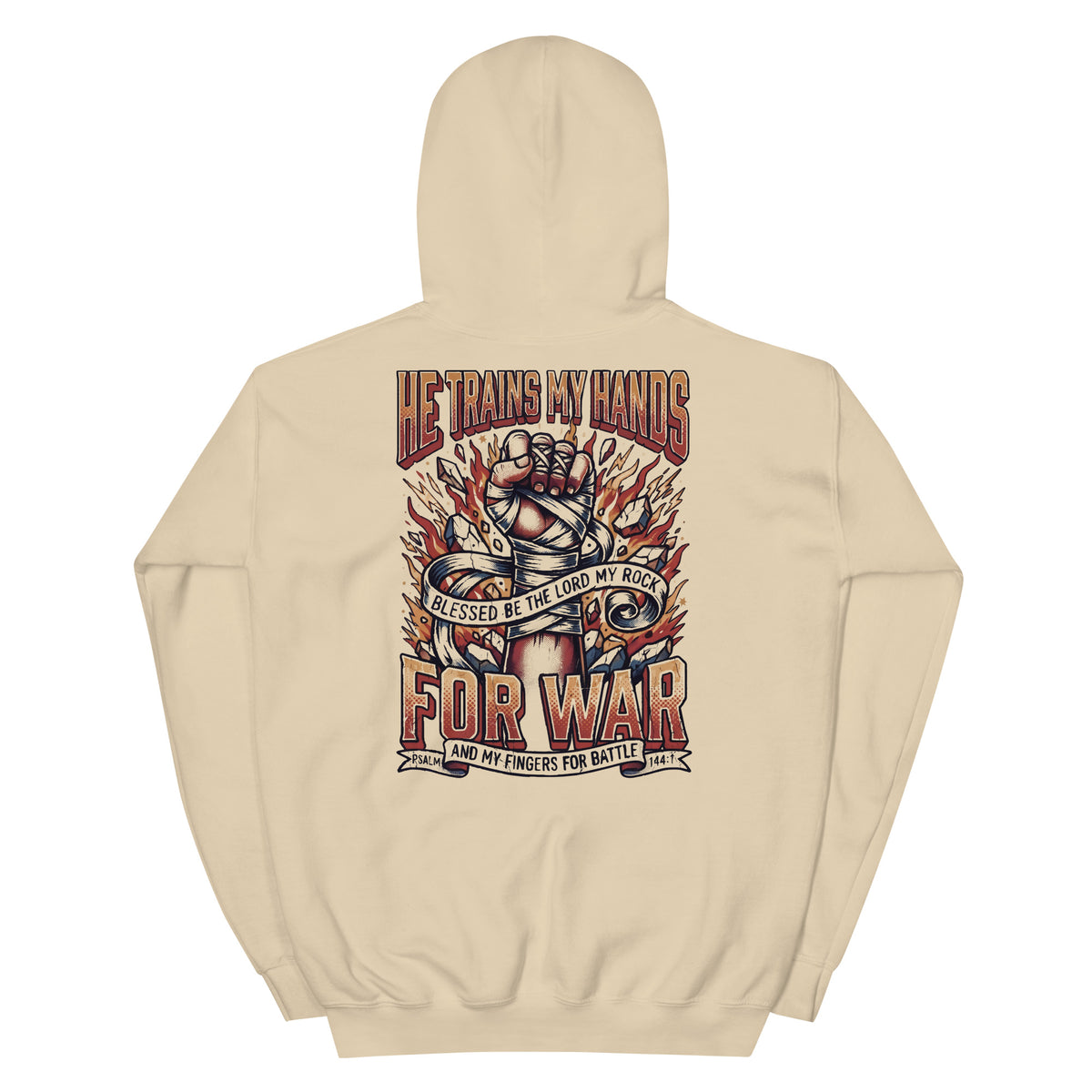He Trains My Hands garment, back view with the full print
